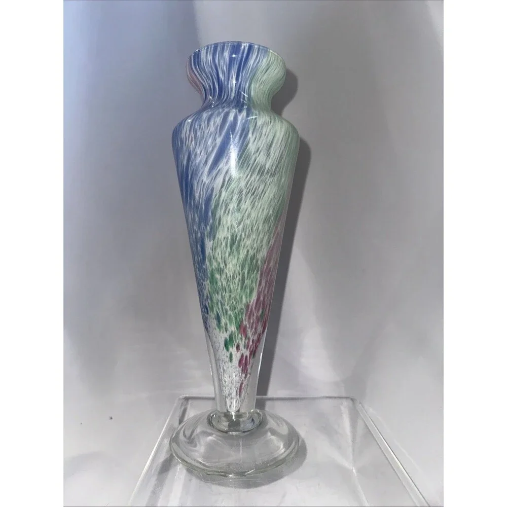 Art Glass Vase Swirl Splat Green Pink Blue White Flare Neck 9” Hand Blown